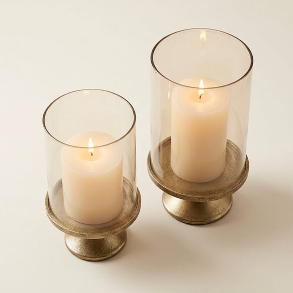Vintage Brass Iron and Glass Hurricane Candle Holder Set of 2
