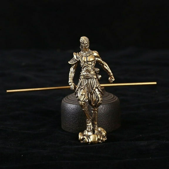 Vintage Brass Monkey King Sun WuKong Statue Office Desktop Ornament Lucky 3.8"