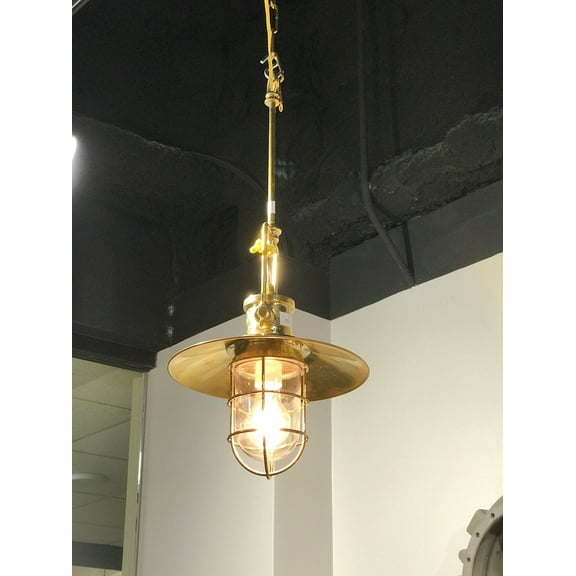Vintage Brass Nautical Pendant Light with Cage & Shade  Marine-Style Hanging Ceiling Fixture
