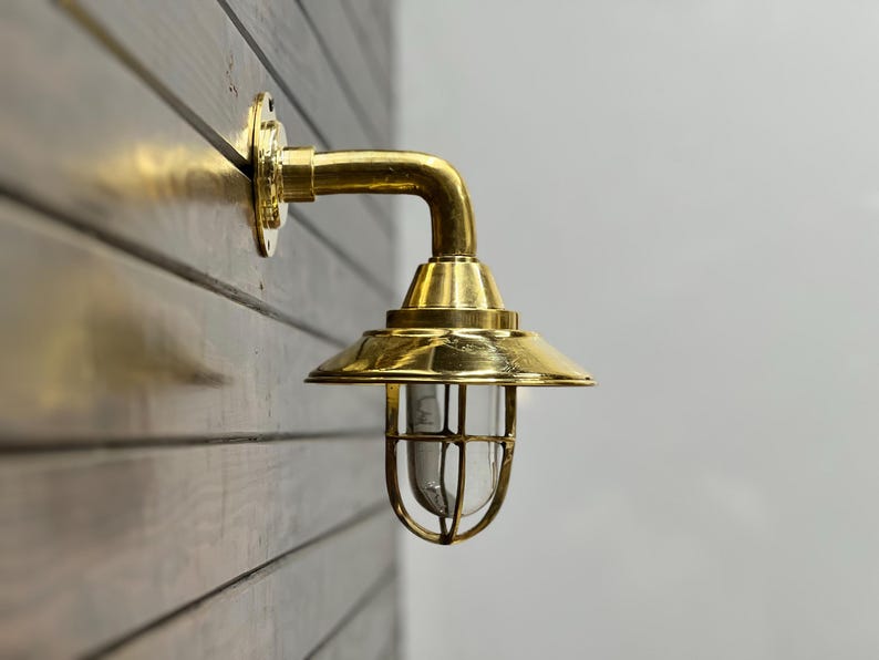 Vintage Brass Nautical Wall Light with Shade – Outdoor/Indoor Sconce with Cage and Glass Cover