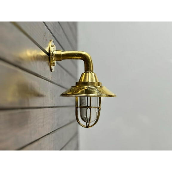 Vintage Brass Nautical Wall Light with Shade  Outdoor/Indoor Sconce with Cage and Glass Cover