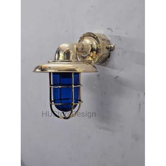 Vintage Brass Nautical Wall Sconce with Blue Glass Marine Cage Light Coastal Porch Light