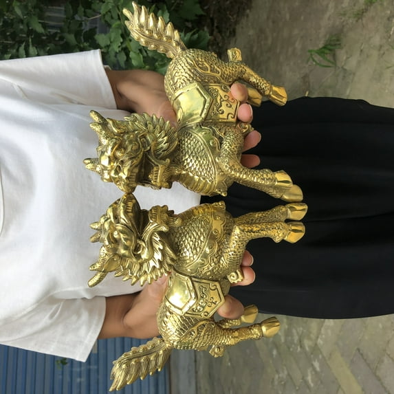 Vintage Brass Pair of kylin statue, unicorn Figurine, Chinese foo dogs sculpture, Tibetan Temple lion qilin Kirin Chi-Lin good luck
