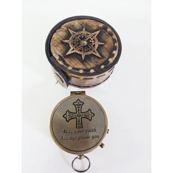 Vintage Brass Pocket Compass with Leather Case Inspirational Christian Compass with Cross Engraving Faith Gift for Men & Women Antique Navigation Compass for Hiking, Camping & Collectors