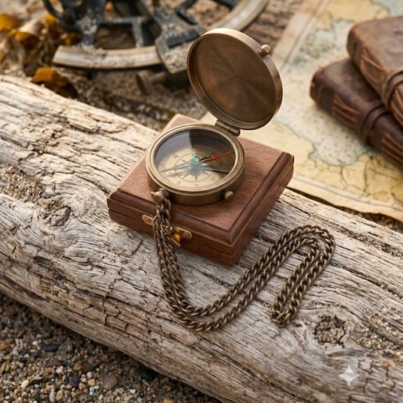 Vintage Brass Pocket Compass, Wooden Anchor Box, Nautical Marine Navigation Gift