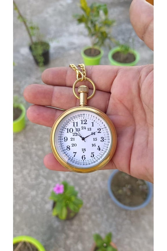 Vintage Brass Pocket Watch for Men with Chain Victoria London 24-Hour Dial Antique Nautical Steampunk Watch