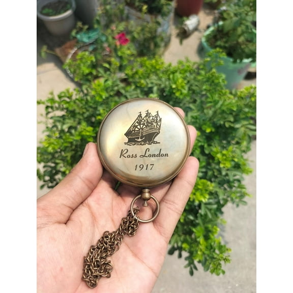 Vintage Brass Push Button Pocket Compass Ross London 1917 Ship Design Antique Nautical Compass with Chain by Maritime Treasures