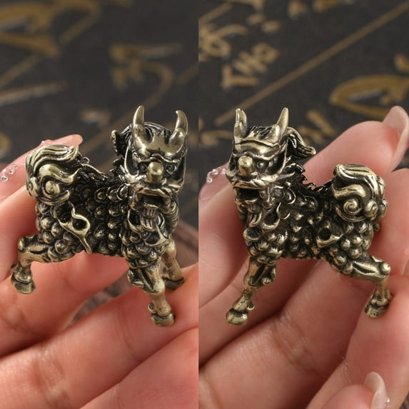 Vintage Brass Qilin Statue Pair Mini Chinese Mythical Creature Figurine Traditional Feng Shui Collectible Home Decor