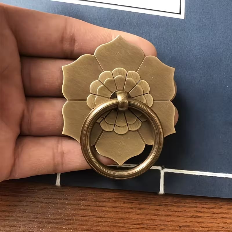 Vintage Brass Ring Handles for Lotus Decorative Pulls - Set of 2 Home Drawer Hardware