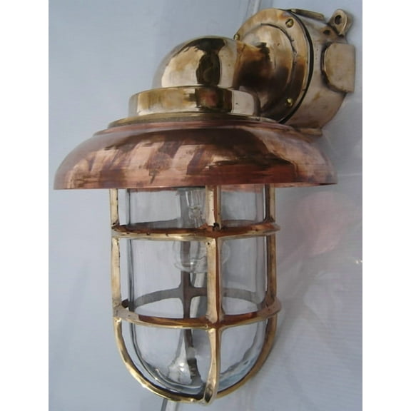Vintage Brass Salvaged Bulkhead Light with Copper Shade & Junction Box