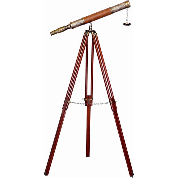 Vintage Brass Spyglass Telescope with Adjustable Wooden Tripod – Handmade Nautical Maritime Floor Standing Decor for Home Office, Antique Marine Collectible Gift