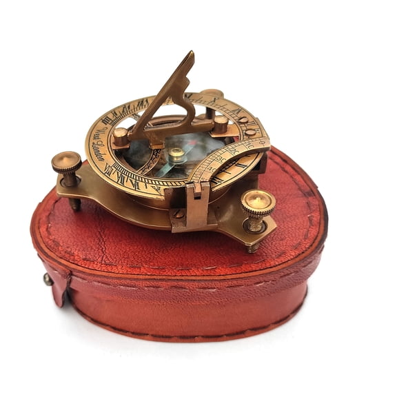 Vintage Brass Sundial Compass with Leather Case - 3" Nautical Antique Compass for Camping, Hiking & Travel for Birthday, Graduation & Adventure Lovers A101