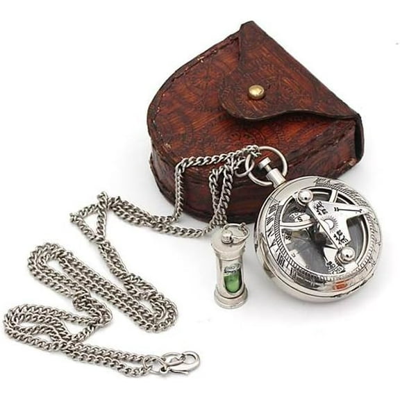 Vintage Brass Sundial Compass Necklace, Necklace for Men with Leather Case & Green Sand Mini Hour Glass for Loved Ones