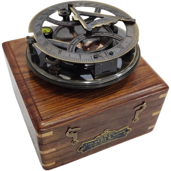 Vintage Brass Sundial Compass with Wooden Box Antique Nautical Navigational Instrument, Gilbert & Sons Maritime Collectible for Home Office Decor & Gifts
