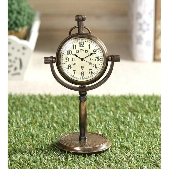 Vintage Brass Table Clock Nautical Antique Pole Stand Victoria Shelf Clock with Stand | Desk Clock | For Bedroom, Office, Study, Living Room