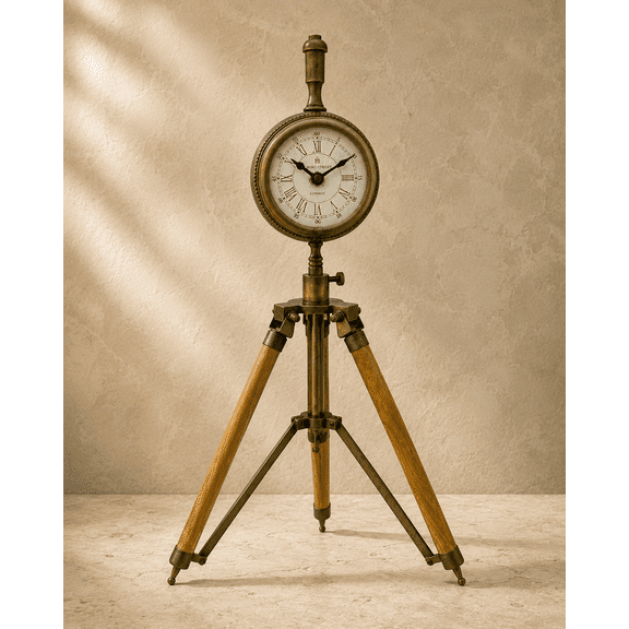 Vintage Brass Tripod Clock with Foldable Wooden Legs, Handcrafted Nautical Desk Clock, Antique Style Tabletop Decor for Office, Study & Library