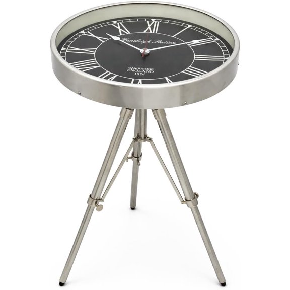 Vintage Brass Tripod Coffee Table with Clock Design – Adjustable Tripod Stand Table | Antique Gold Metal Accent Side Table for Living Room, Bedroom & Office (Chrome)