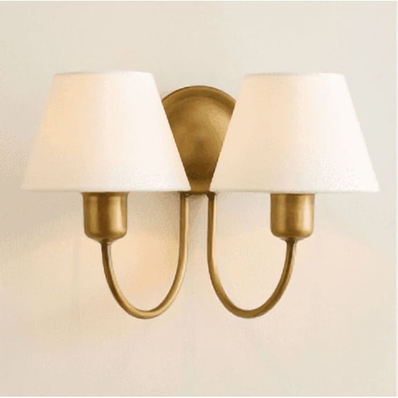 Vintage Brass Two-Light Wall Sconce with White Linen Shades for Bathroom, Living Room, Bedroom, Hallway, Covered Outdoor Space – Dimmable