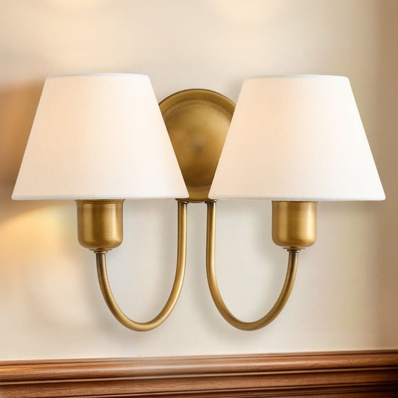 Vintage Brass Two-Light Wall Sconce with White Linen Shades for Bathroom, Living Room, Bedroom, Hallway, Covered Outdoor Space – Dimmable