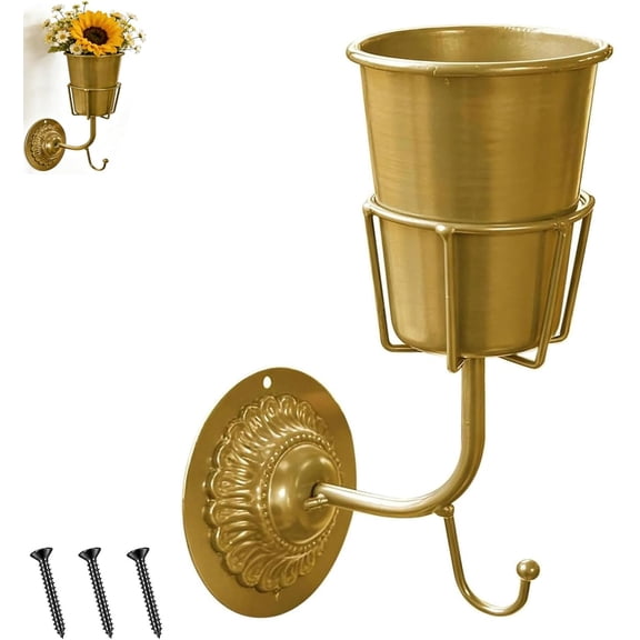 Vintage Brass Wall Vase - Hanging Home Decor & Multifunctional Wall-Mounted Organizer Container for Flowers, Keys & Small Items, Kitchen Bathroom Bedroom Organization & Decor (Gold)