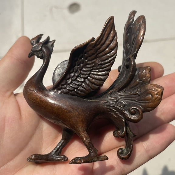 Vintage Brass Zhuque Figurine Chinese Divine Beast Mythical Animal Sculpture Home Office Decor Collectible Ornament