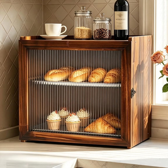 Vintage Bread Box for Kitchen Countertop, 2-Layer Large Wooden Breadbox | Farmhouse Wood Bread Boxes with Removable Stainless Steel Tray, Homemade Bread Storage Container with Clear Acrylic Window