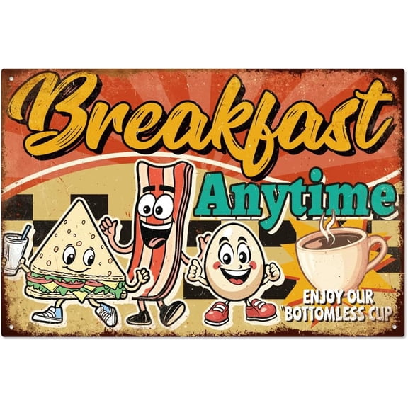 Vintage Breakfast Metal Tin Sign 7.8x11.8 Inch Funny Retro Home Restaurants Bar Pub Cafe Club Tin Sign Breakfast Anytime Wall Art Poster Plaque Decor for Garage Man Cave Decor