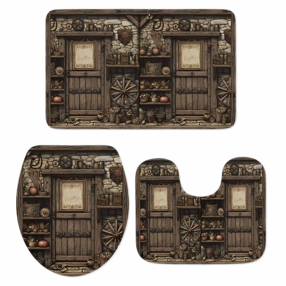 Vintage Brick Wall Bathroom Rugs Set Farmhouse Medieval Non Slip Absorbent Soft Bath Mats 3 Piece Set with Bathroom Rug, U-Shaped Floor Mat, Toilet Seat Cover Small Size