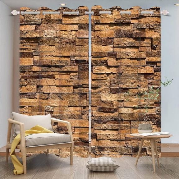 Vintage Brick Wall Blackout Window Curtains Western Rustic Farmhouse Brown Stone Brick Wall Window Drapes For Living Room Bedroom 38"W x 45"L