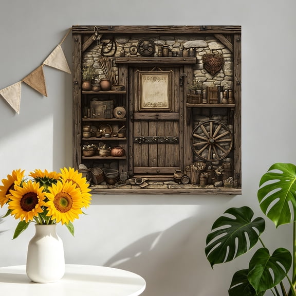 Vintage Brick Wall Canvas Wall Art, Farmhouse Medieval Pictures Wall Decor Wooden Framed Artwork Art Prints for Living Room Hallway Bedroom Office 8"x8"