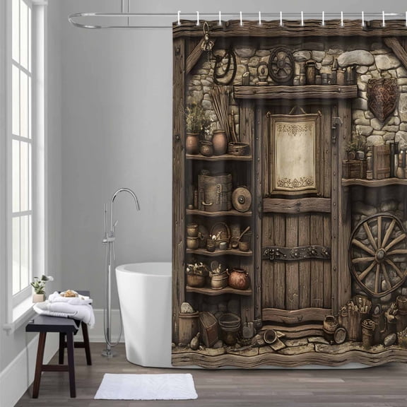 Vintage Brick Wall Shower Curtain for Bathroom Decor, Farmhouse Medieval Waterproof Fabric Shower Curtain, 36"x72" Set with 12 Hooks