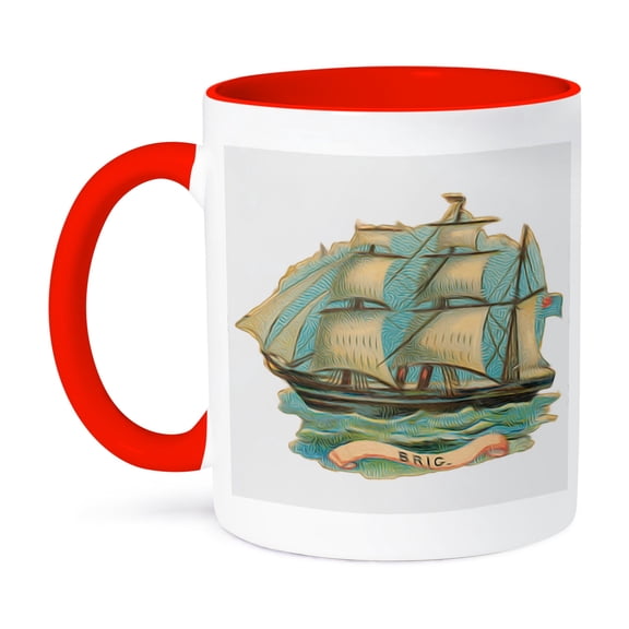 3dRose, Vintage Brig Boat Ship Nautical Vignette Illustrtion, 11oz Two-Tone Red Mug