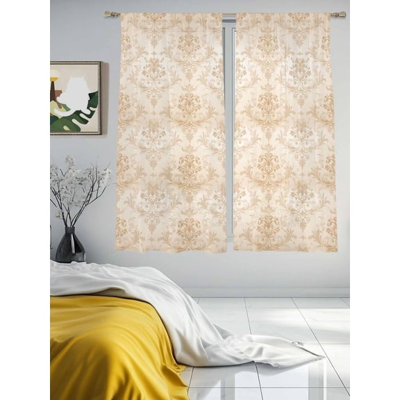 Vintage Brocade Classic Floral Sheer Curtains 2 Panels Set Mural Mid Century Style Lihgt Filtering Rod Pocket Voile Drape,Semi Sheer Window Curtains for Bedroom Living Room,52"x63"