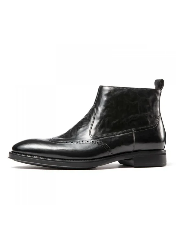 Vintage Brogue Perforated Genuine Leather Chelsea Boots for Men, Side Zip Slip-On Formal Business Ankle Boots, Polished Leather Dress Footwear for Daily Work & Occasions