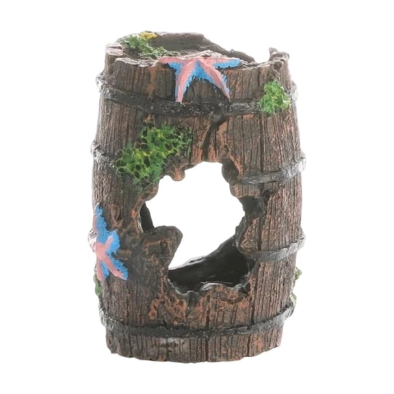 Vintage Broken Wreck Barrel Resin Hideout Cave Ornament with Starfish Moss Hollow Hiding Shelter for Fish Turtle Gecko Amphibian Aquarium Terrarium Tank Decor(Shape C-Grey)