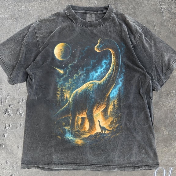 Vintage Brontosaurus Jurassic Dinosaur Graphic T-Shirt, Jurassic Fan Tee, Vintage Moon Dino Top, Retro Prehistoric Tee DARK HEATHER Unisex S-5XL Hot Trending Shirt, Vintage Birthday Gift