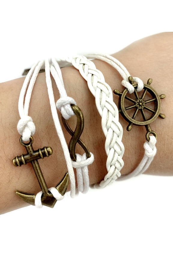 Vintage Bronze Anchor Infinity Ship Wheel Charms White Braided Leather Rope Bracelet