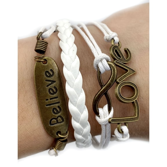 Vintage Bronze Believe Love Infinity Charms White Braided Leather Rope Bracelet