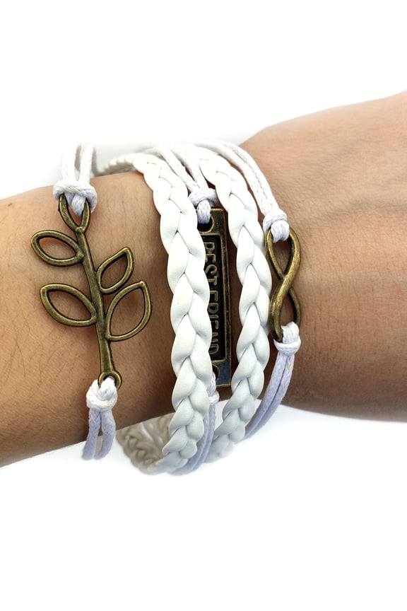 Vintage Bronze Best friend Infinity Leaf White Braided Leather Rope Bracelet