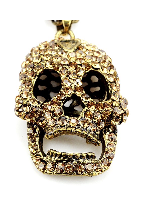 Vintage Bronze Biker Punk Skull Pendant Crystal Rhinestone Necklace Men Women