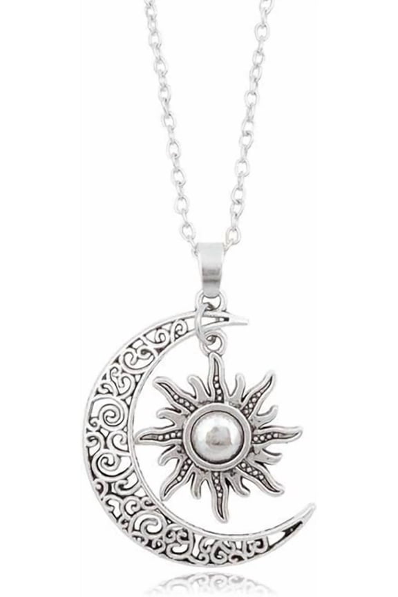 Vintage Bronze Crescent Moon and Sun Pendant Necklace Retro Swirl Filigree Unisex Jewelry Gifts