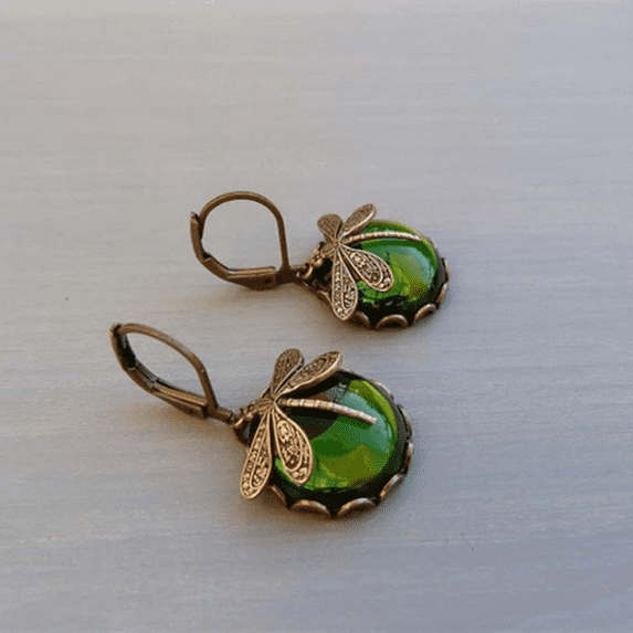 Vintage Bronze Dragonfly Earrings Fashion Gold Color Metal Carving Pattern Inlaid Moonstone Drop Earrings for Women Jewelry