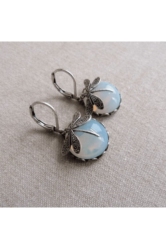 Vintage Bronze Dragonfly Earrings Fashion Gold Color Metal Carving Pattern Inlaid Moonstone Drop Earrings for Women Jewelry