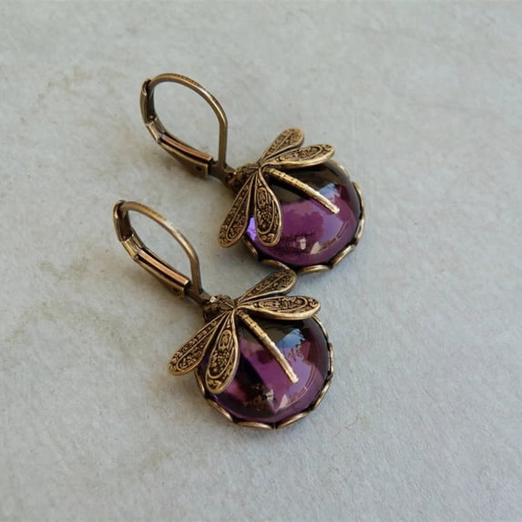 Vintage Bronze Dragonfly Earrings Fashion Gold Color Metal Carving Pattern Inlaid Moonstone Drop Earrings for Women Jewelry