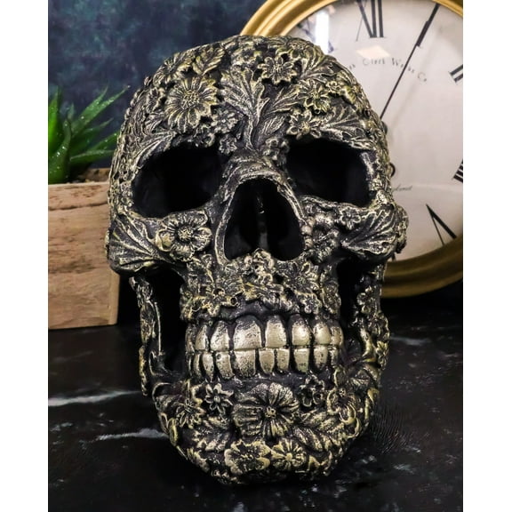 Vintage Bronze Finished Day of The Dead Tooled Flora Fauna Floral Skull Figurine