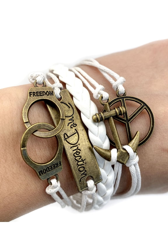 Vintage Bronze Handcuffs Peace Sign one Direction Anchor Charms White Braided Leather Rope Bracelet