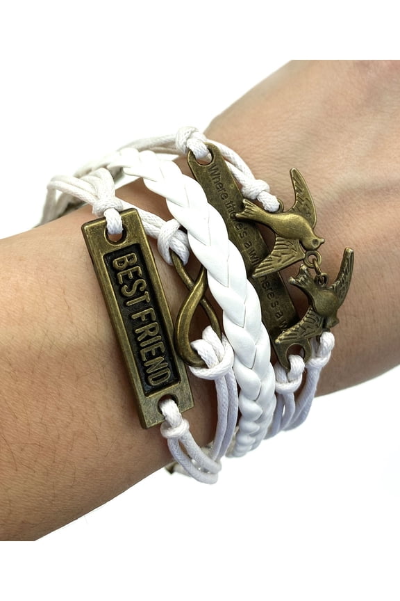 Vintage Bronze Infinity Best Friend Swallow Bird White Braided Leather Rope Bracelet
