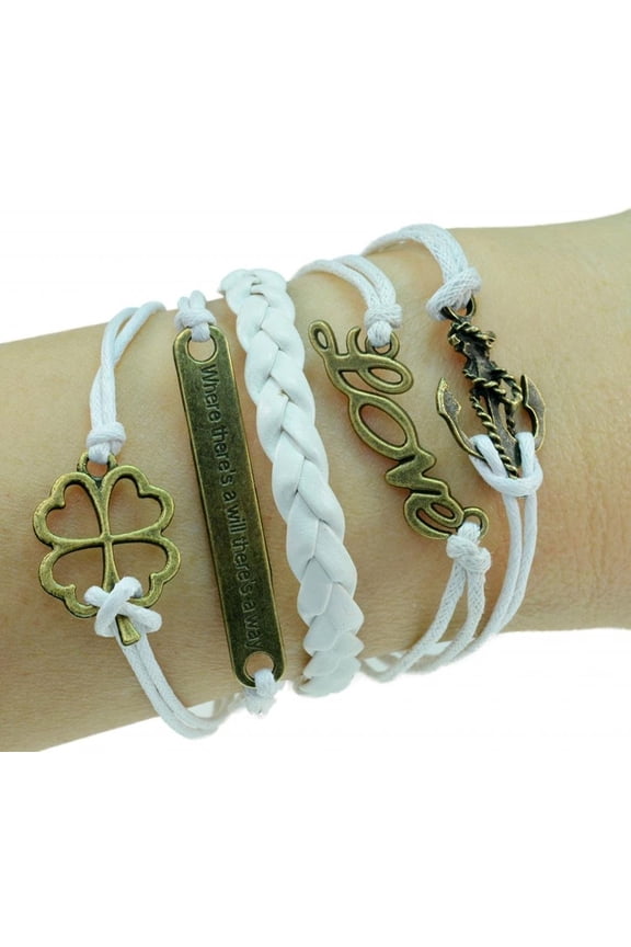 Vintage Bronze Love Anchor St Patrick's Leaf White Braided Leather Rope Bracelet