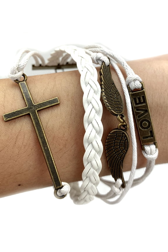 Vintage Bronze Love Angel Wings Cross Charms White Braided Leather Rope Bracelet