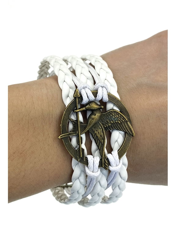 Vintage Bronze Mockingjay Bird Arrow White Braided Leather Rope Bracelet